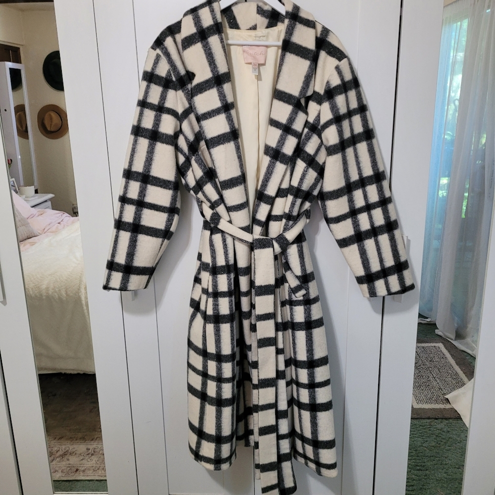 Anthropologie Hutch Plaid Tie Front Overcoat White Black Wool Blend Coat